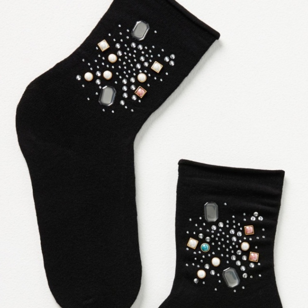 Anthropologie Casa Clara Stone Metal Embellished Black Cotton Socks